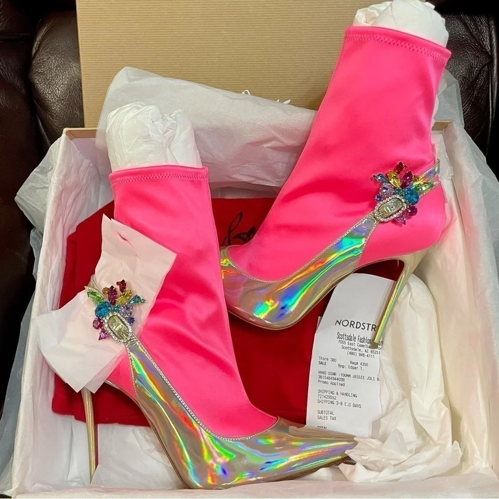 Christian Louboutin Jessie Bootie Joli 100mm, Holo patent speccio Slvr Lthr EU37